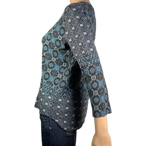 LUCKY BRAND Blue Floral Print V-Neck Button Front Top Size Small - "Linnie" - Picture 2 of 12